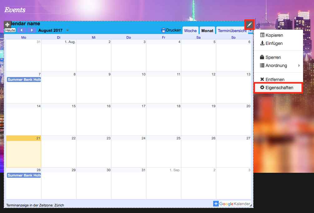 Kalendereigenschaften definieren